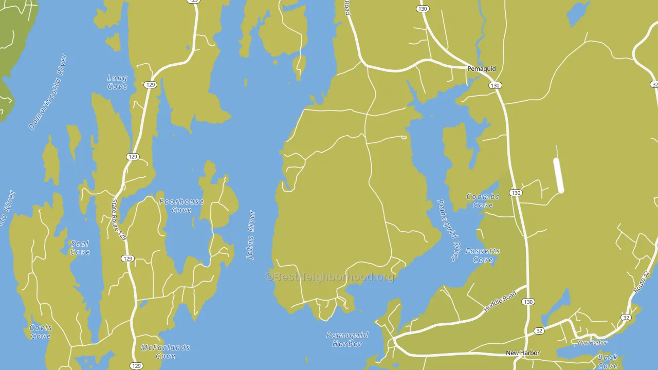 Map of the best neighborhoods in the Pemaquid Harbor area, with better matches in green and worse matches in red