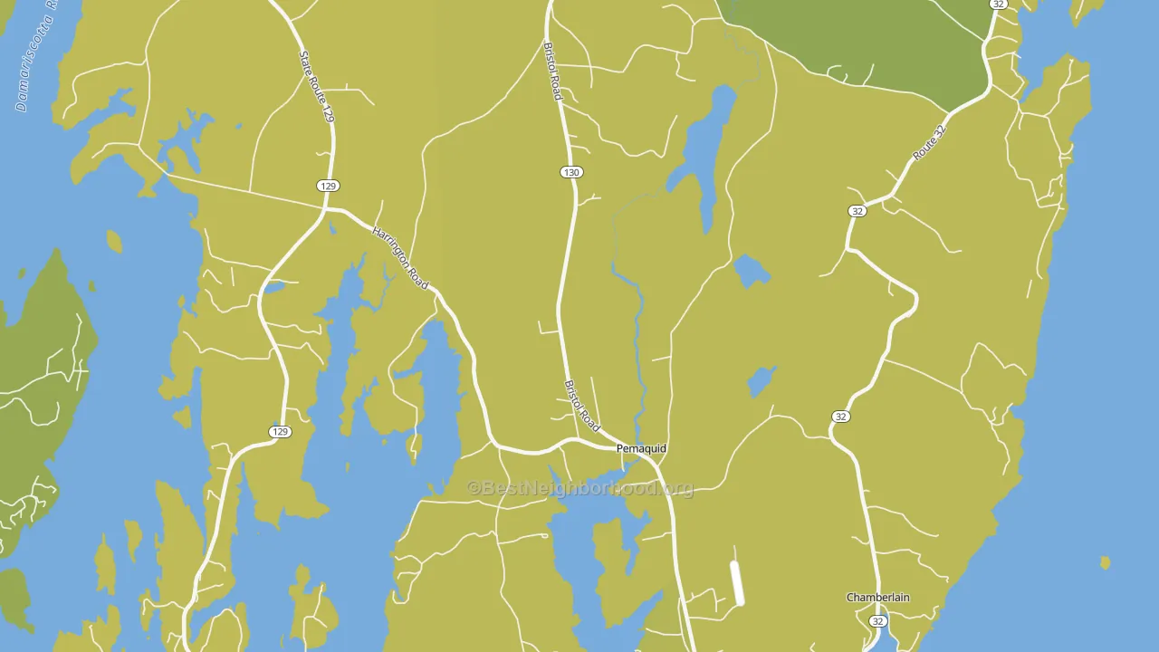 Map of the best neighborhoods in the Pemaquid area, with better matches in green and worse matches in red