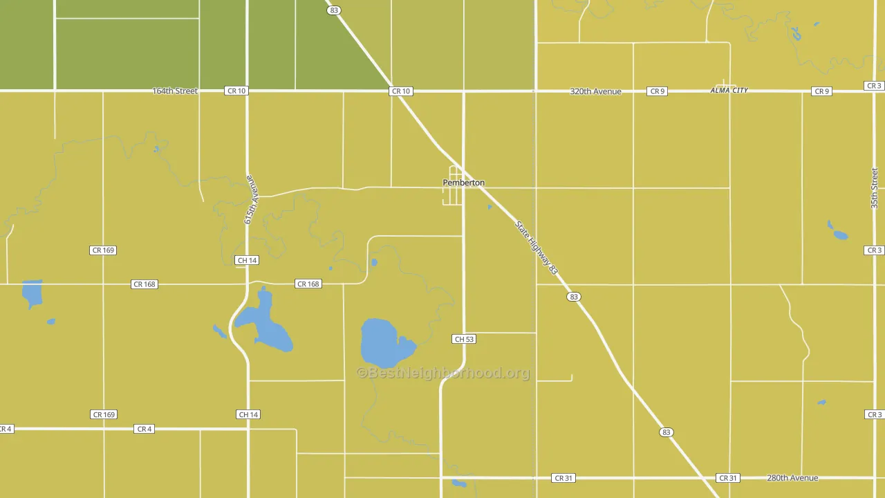 Map of the best neighborhoods in the Pemberton area, with better matches in green and worse matches in red