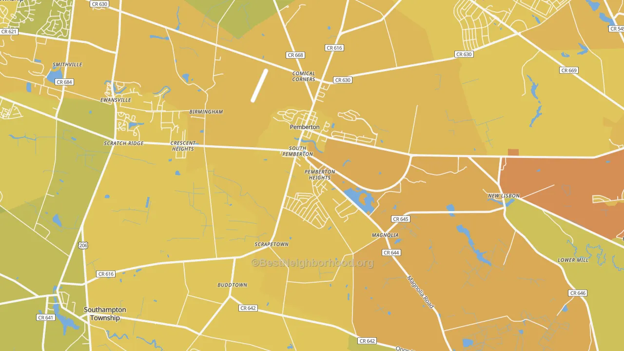 Map of the best neighborhoods in the Pemberton area, with better matches in green and worse matches in red
