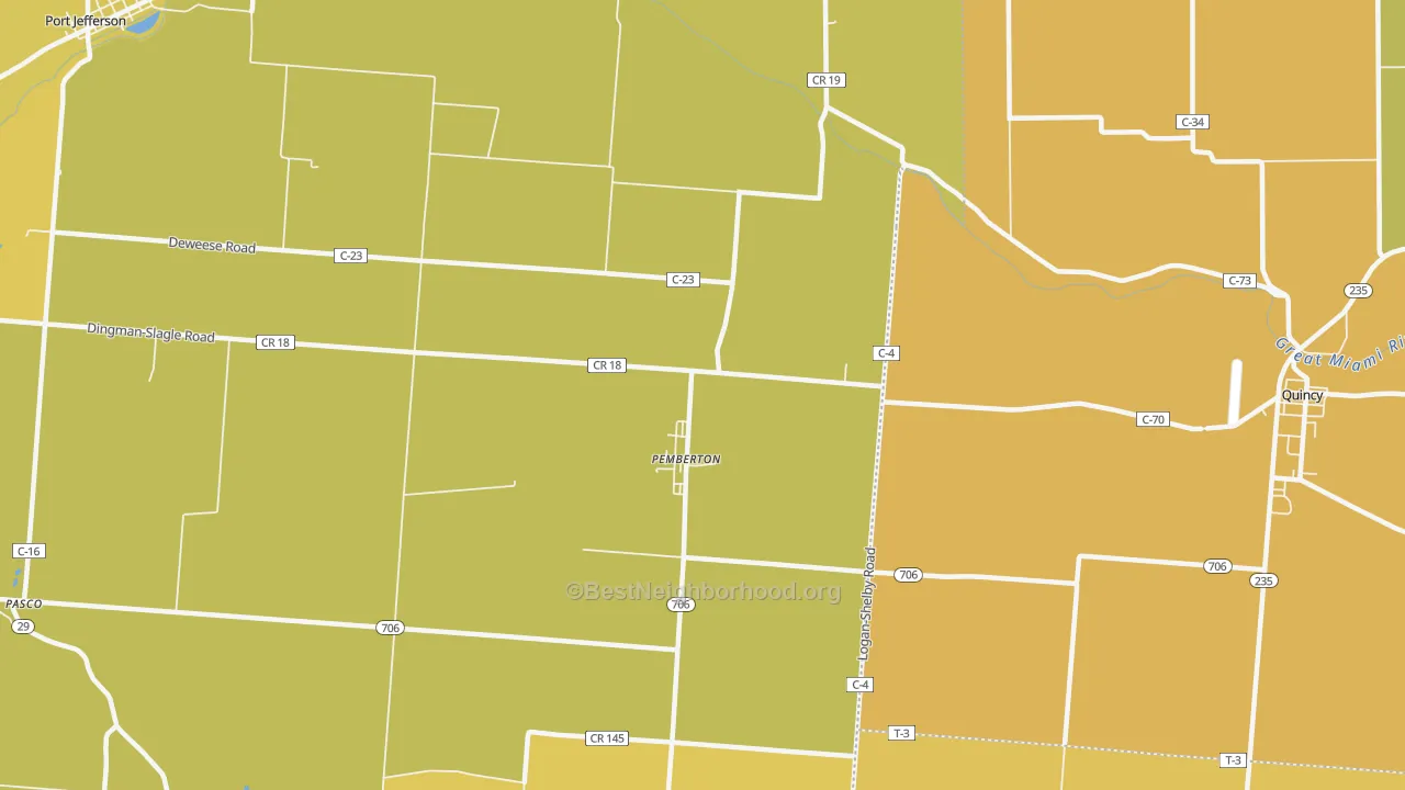 Map of the best neighborhoods in the Pemberton area, with better matches in green and worse matches in red