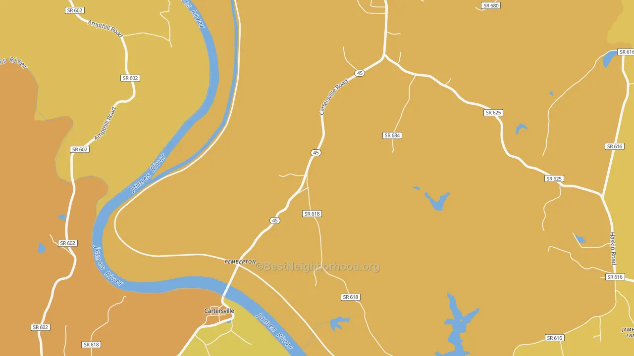 Map of the best neighborhoods in the Pemberton area, with better matches in green and worse matches in red