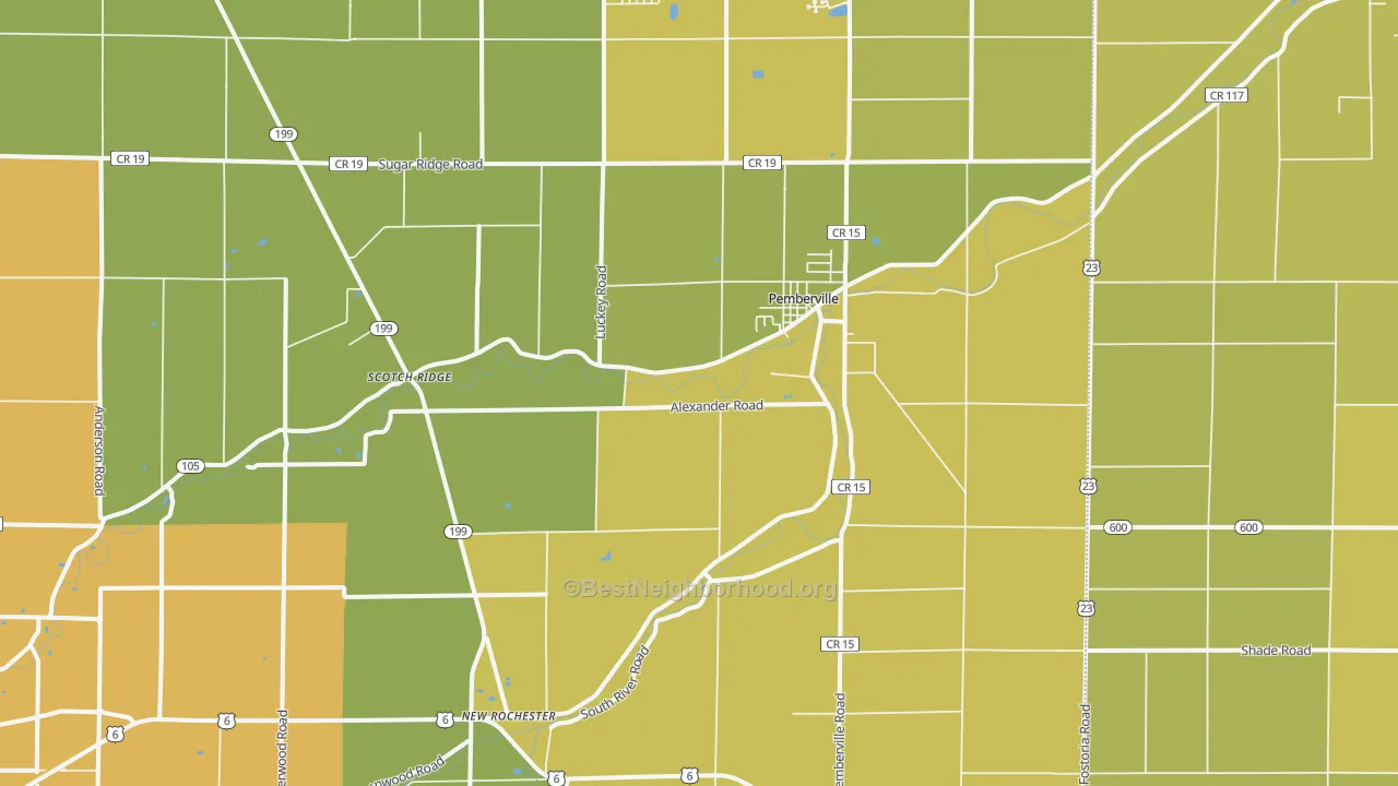 Map of the best neighborhoods in the Pemberville area, with better matches in green and worse matches in red