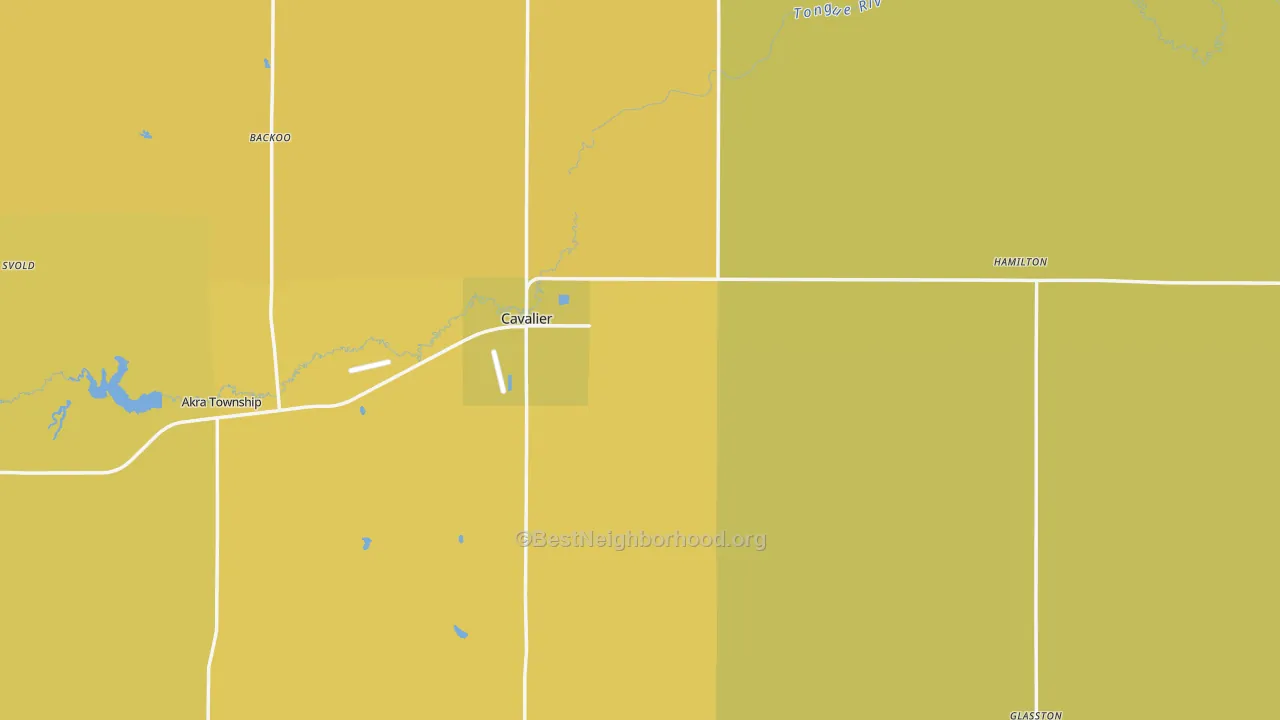 Map of the best neighborhoods in the Pembina County area, with better matches in green and worse matches in red