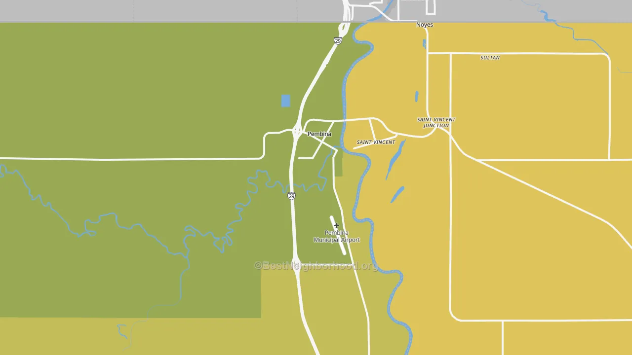 Map of the best neighborhoods in the Pembina area, with better matches in green and worse matches in red