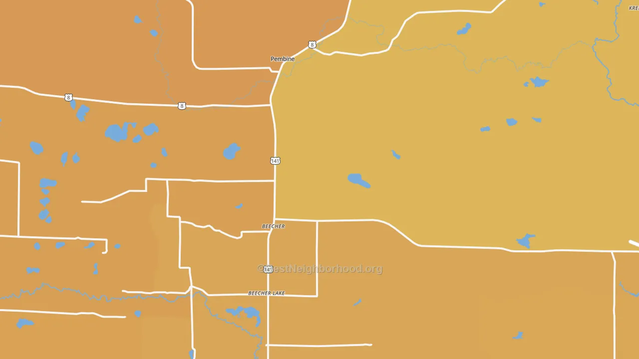 Map of the best neighborhoods in the Pembine area, with better matches in green and worse matches in red