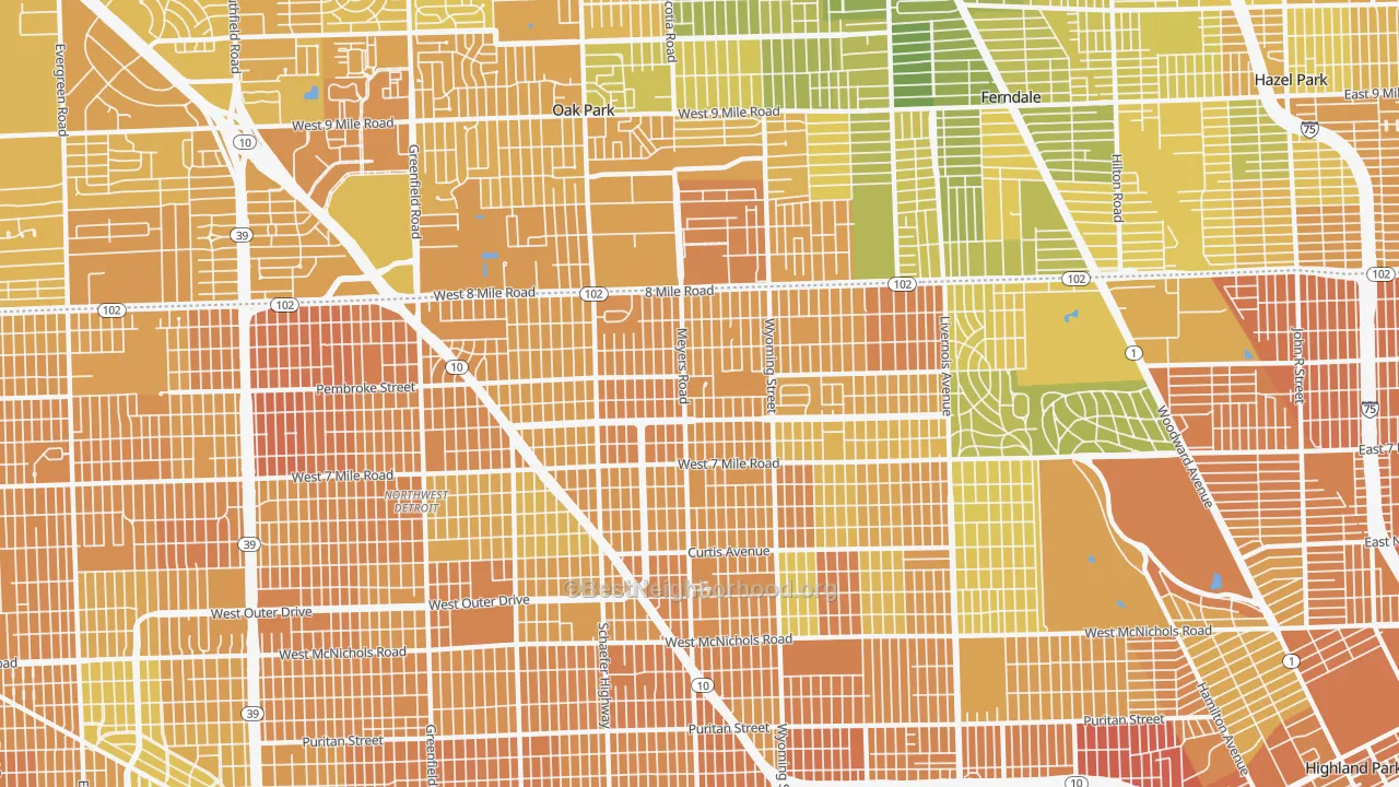 Map of the best neighborhoods in the Pembroke, Detroit area, with better matches in green and worse matches in red