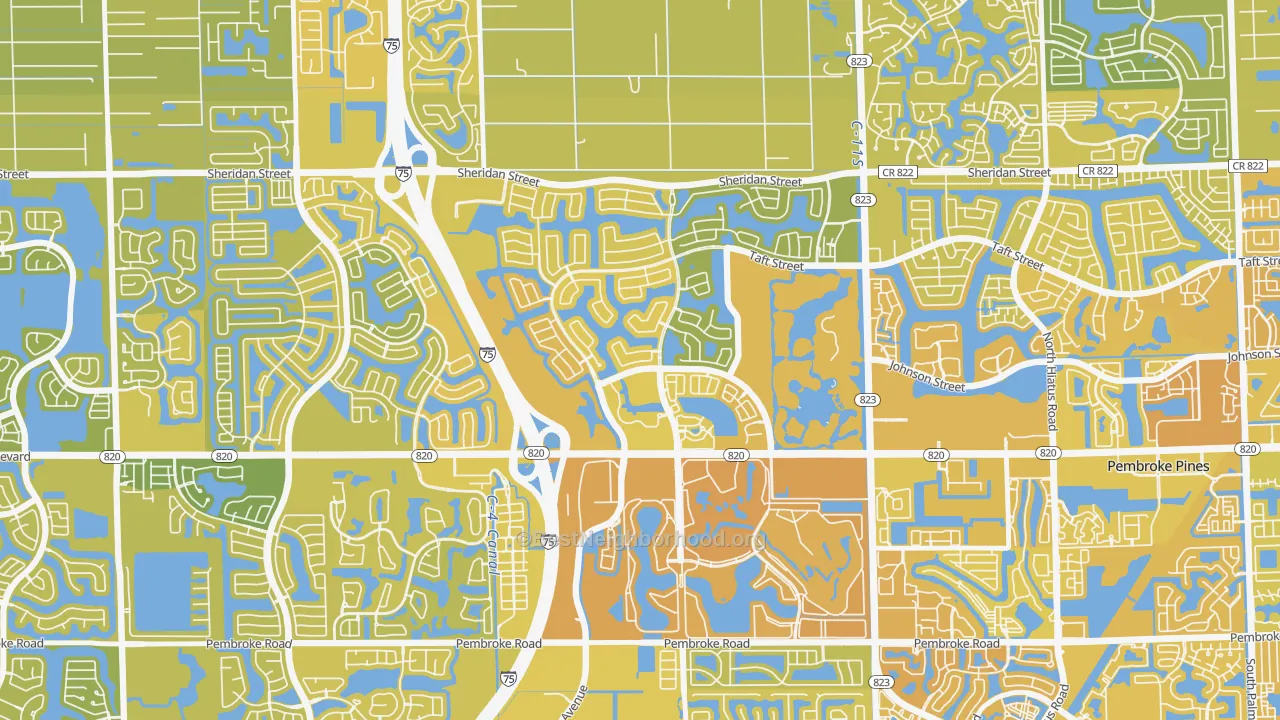Map of the best neighborhoods in the Pembroke Falls, Pembroke Pines area, with better matches in green and worse matches in red