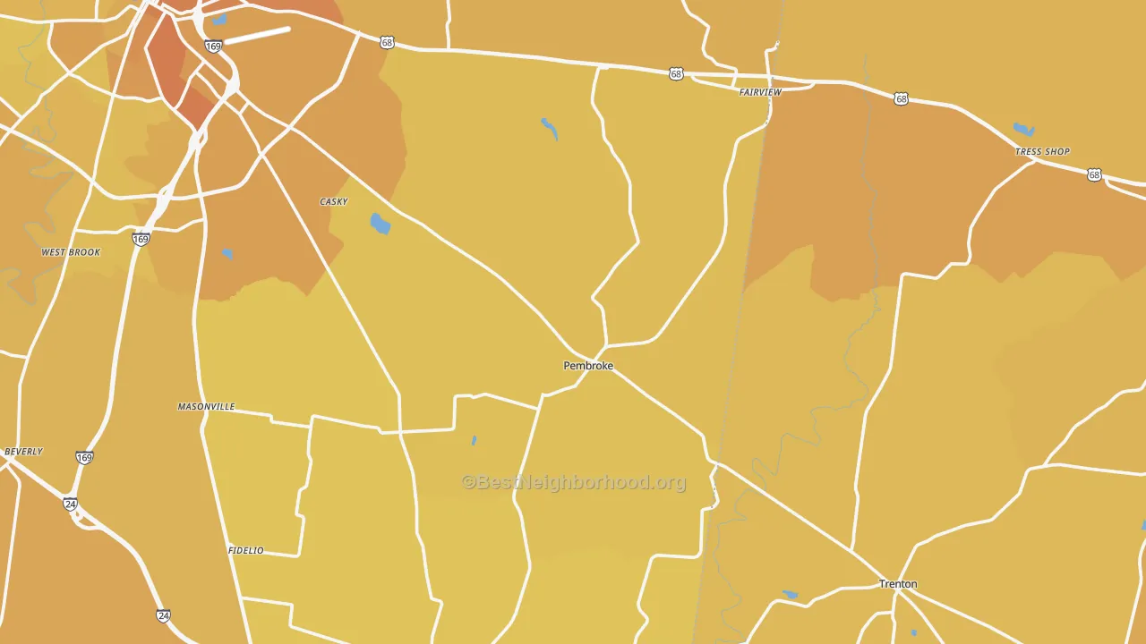Map of the best neighborhoods in the Pembroke area, with better matches in green and worse matches in red