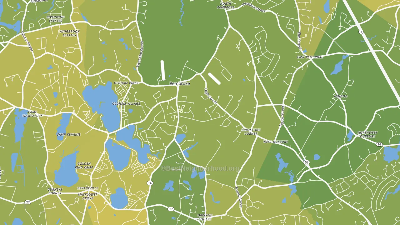 Map of the best neighborhoods in the Pembroke area, with better matches in green and worse matches in red