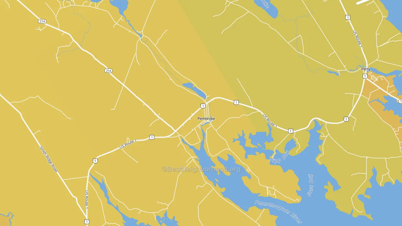 Map of the best neighborhoods in the Pembroke area, with better matches in green and worse matches in red