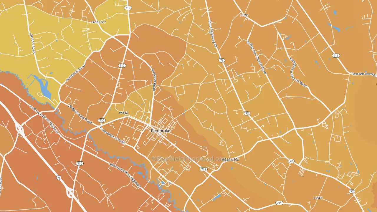 Map of the best neighborhoods in the Pembroke area, with better matches in green and worse matches in red
