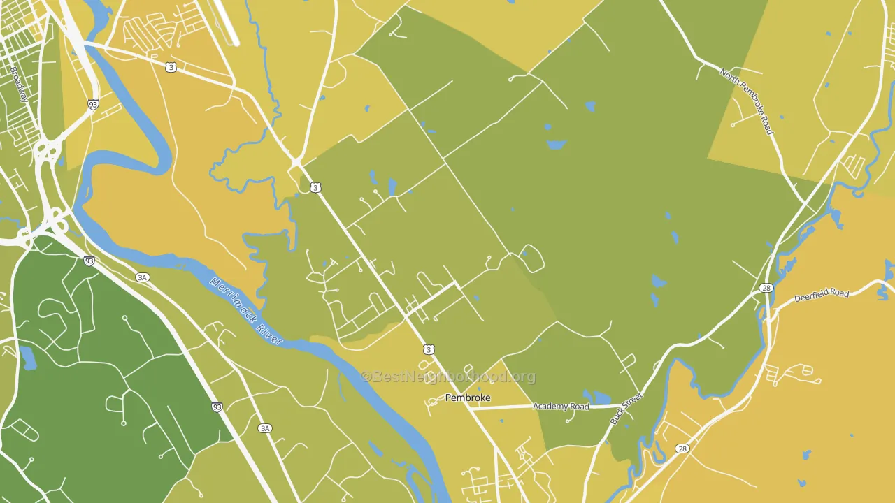 Map of the best neighborhoods in the Pembroke area, with better matches in green and worse matches in red