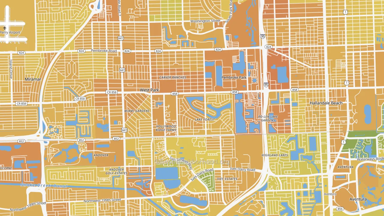 Map of the best neighborhoods in the Pembroke Park area, with better matches in green and worse matches in red