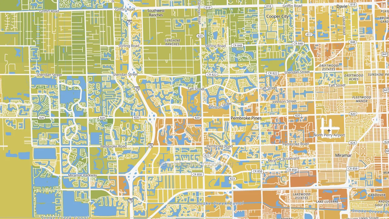 Map of the best neighborhoods in the Pembroke Pines area, with better matches in green and worse matches in red