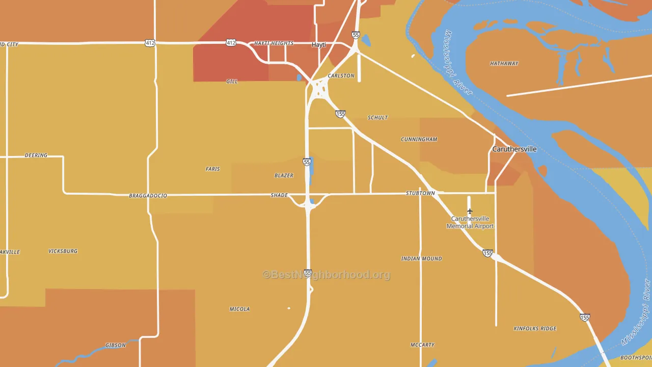 Map of the best neighborhoods in the Pemiscot County area, with better matches in green and worse matches in red