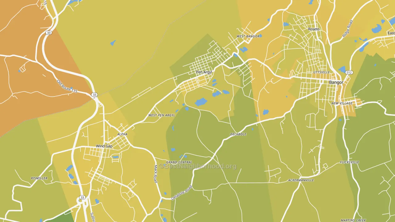 Map of the best neighborhoods in the Pen Argyl area, with better matches in green and worse matches in red