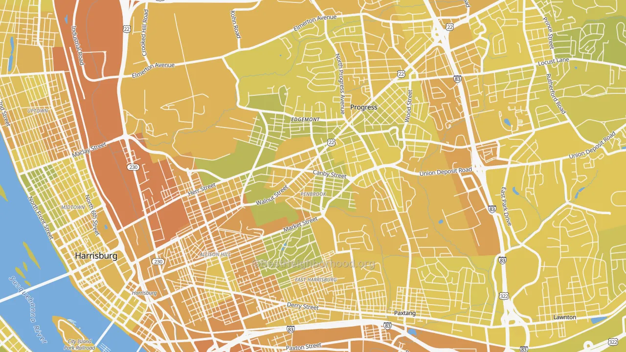 Map of the best neighborhoods in the Penbrook area, with better matches in green and worse matches in red