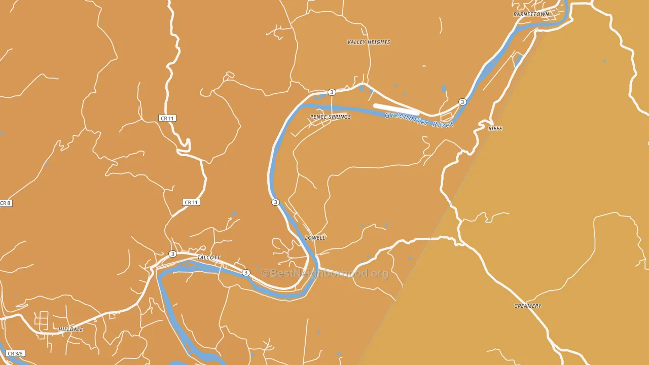 Map of the best neighborhoods in the Pence Springs area, with better matches in green and worse matches in red
