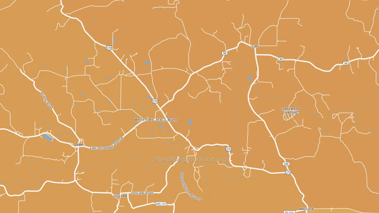 Map of the best neighborhoods in the Pencil Bluff area, with better matches in green and worse matches in red