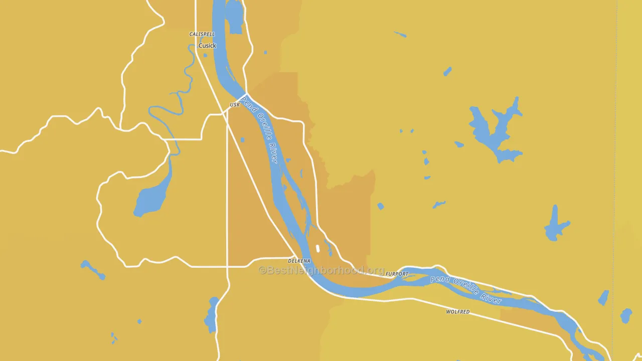 Map of the best neighborhoods in the Pend Oreille County area, with better matches in green and worse matches in red