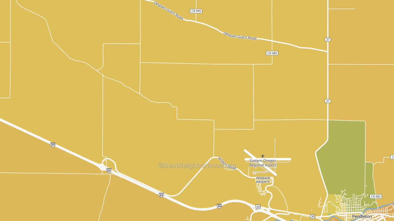 Map of the best neighborhoods in the Pendair Heights area, with better matches in green and worse matches in red