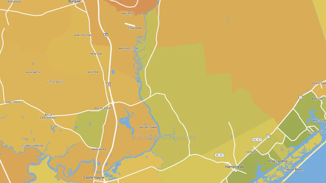 Map of the best neighborhoods in the Pender County area, with better matches in green and worse matches in red