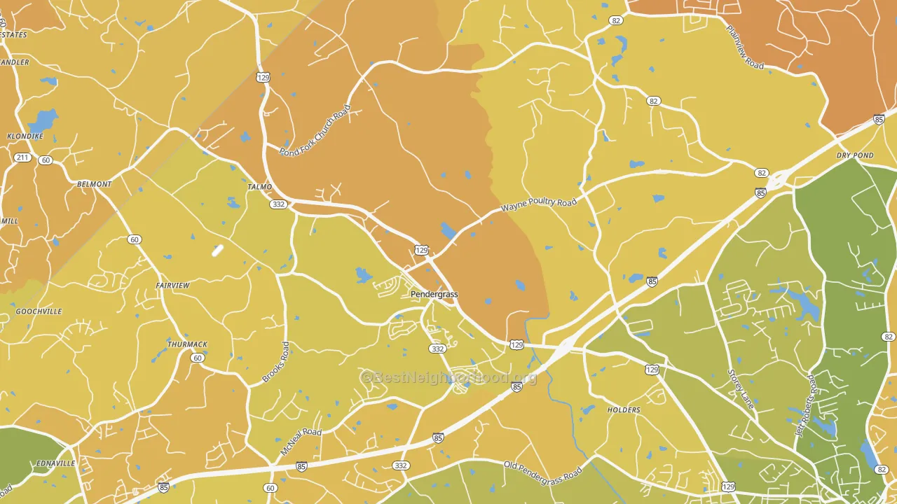 Map of the best neighborhoods in the Pendergrass area, with better matches in green and worse matches in red