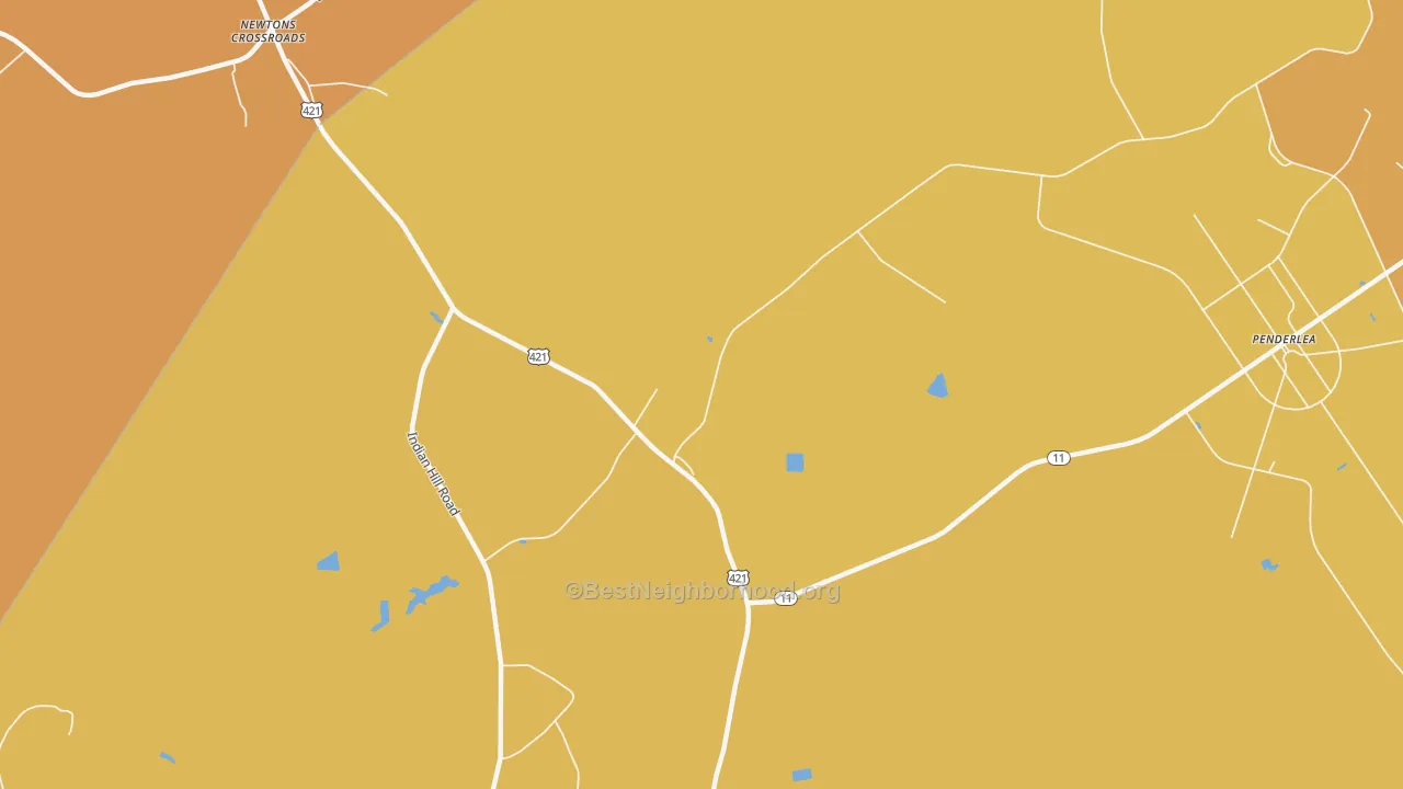 Map of the best neighborhoods in the Penderlea area, with better matches in green and worse matches in red
