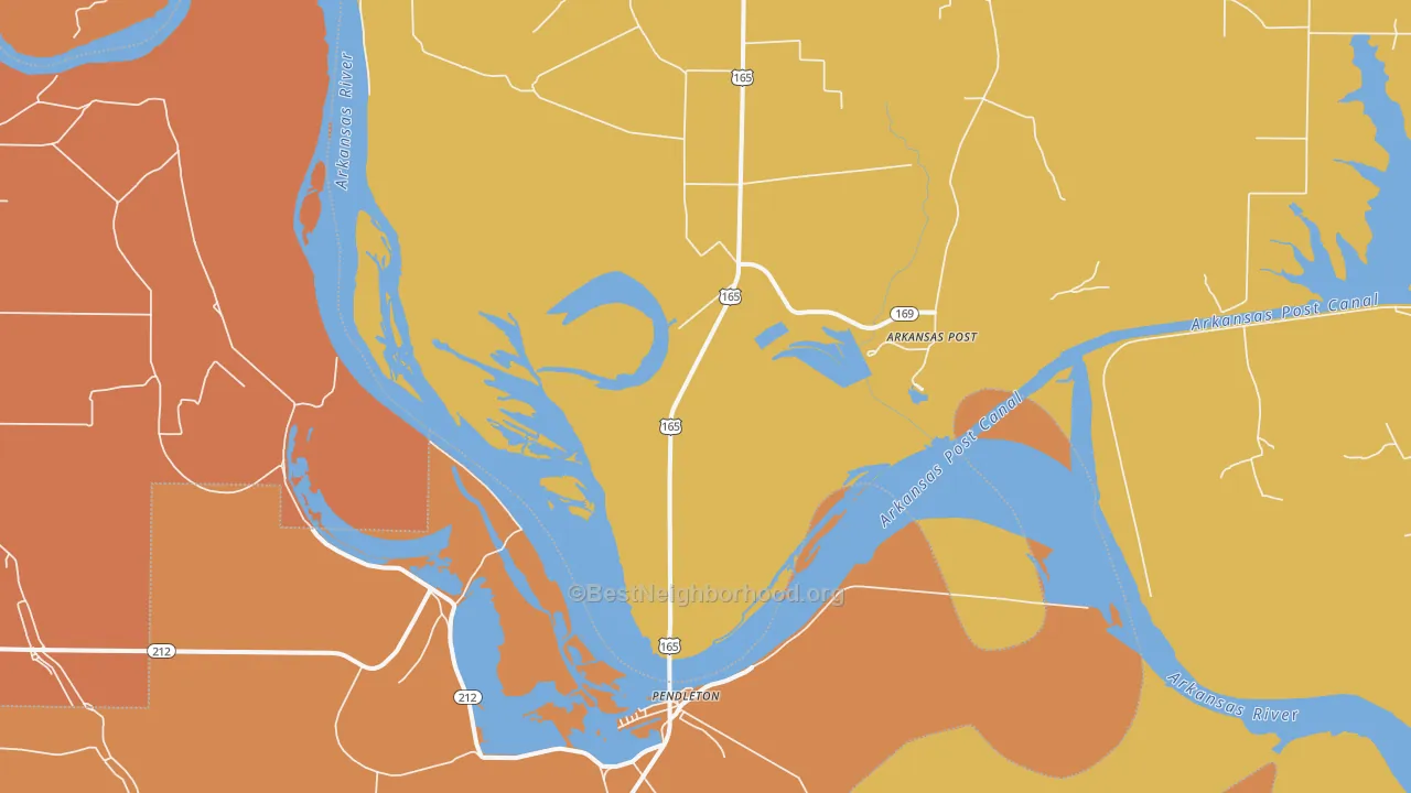 Map of the best neighborhoods in the Pendleton area, with better matches in green and worse matches in red