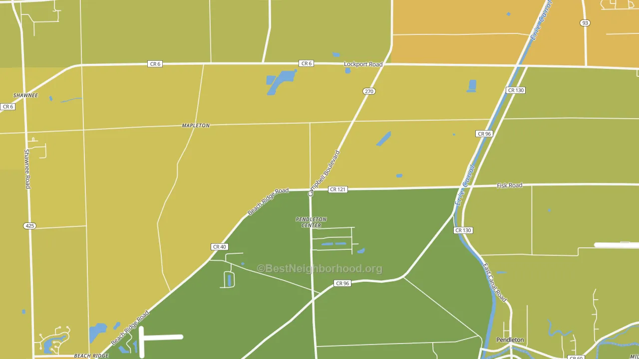 Map of the best neighborhoods in the Pendleton Center area, with better matches in green and worse matches in red
