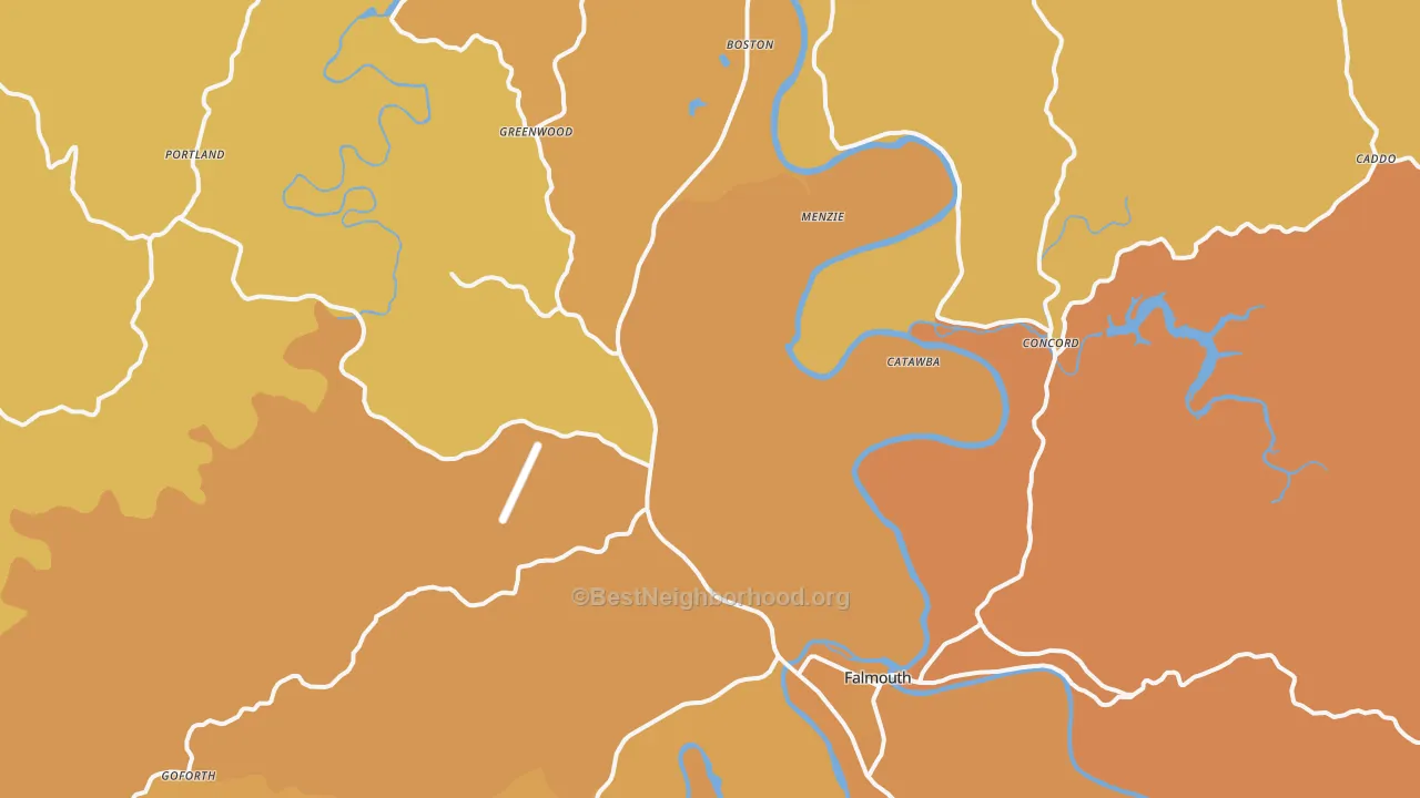 Map of the best neighborhoods in the Pendleton County area, with better matches in green and worse matches in red