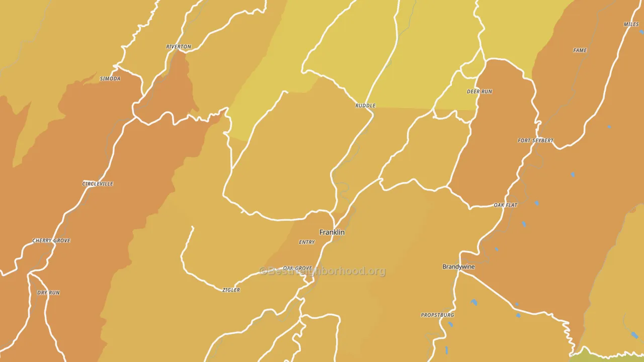 Map of the best neighborhoods in the Pendleton County area, with better matches in green and worse matches in red