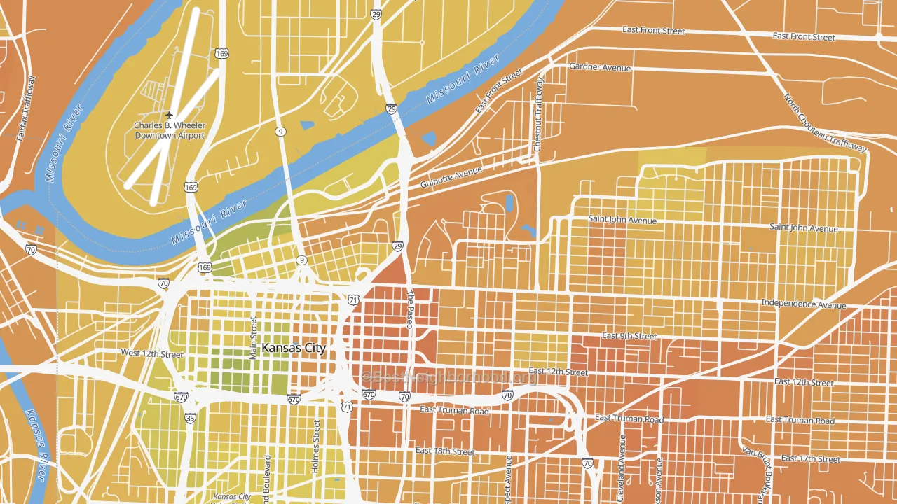 Map of the best neighborhoods in the Pendleton Heights, Kansas City area, with better matches in green and worse matches in red