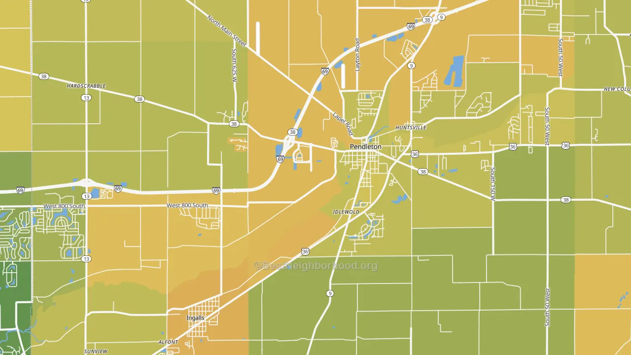 Map of the best neighborhoods in the Pendleton area, with better matches in green and worse matches in red