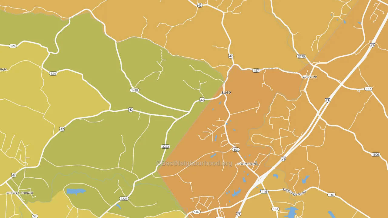 Map of the best neighborhoods in the Pendleton area, with better matches in green and worse matches in red