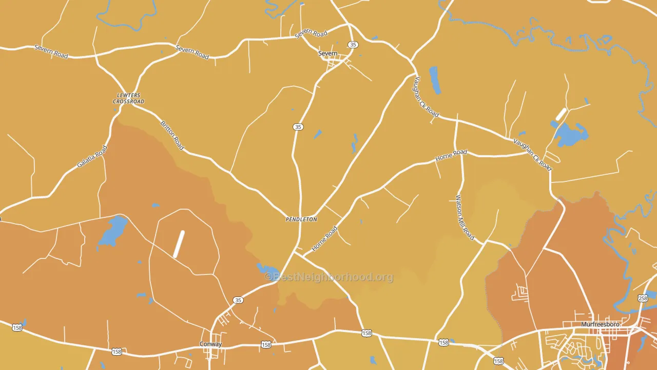 Map of the best neighborhoods in the Pendleton area, with better matches in green and worse matches in red