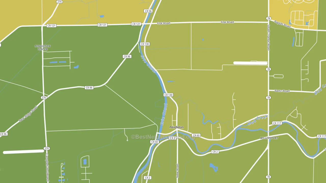 Map of the best neighborhoods in the Pendleton area, with better matches in green and worse matches in red