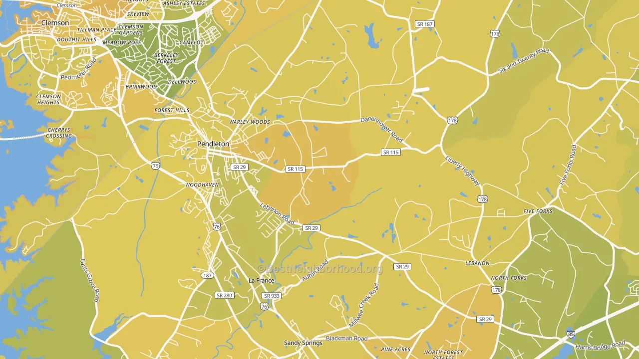 Map of the best neighborhoods in the Pendleton area, with better matches in green and worse matches in red