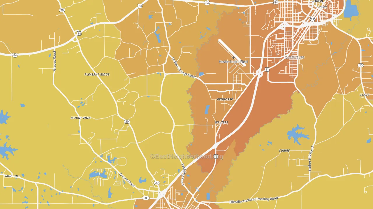 Map of the best neighborhoods in the Pendorff area, with better matches in green and worse matches in red