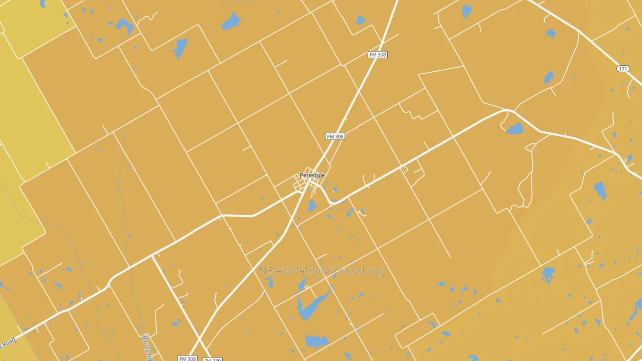 Map of the best neighborhoods in the Penelope area, with better matches in green and worse matches in red