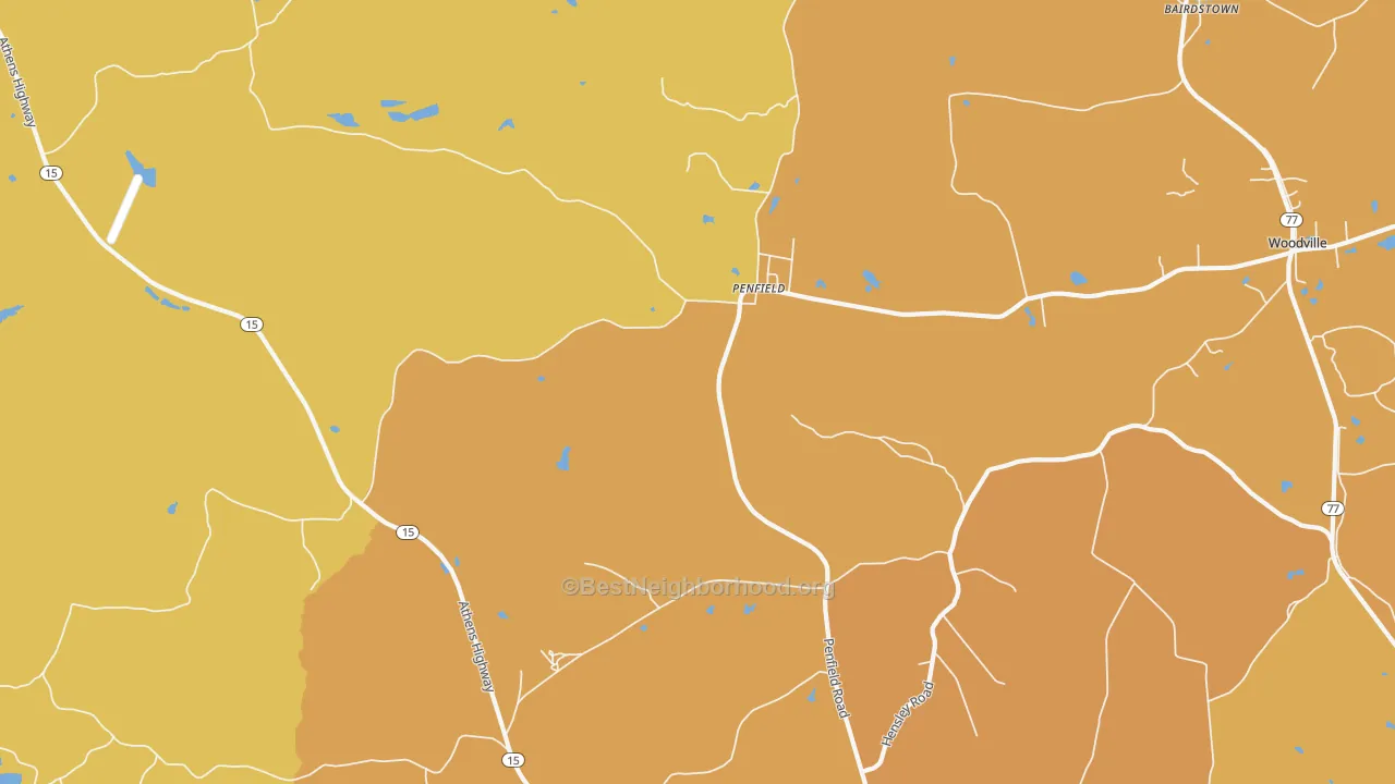 Map of the best neighborhoods in the Penfield area, with better matches in green and worse matches in red