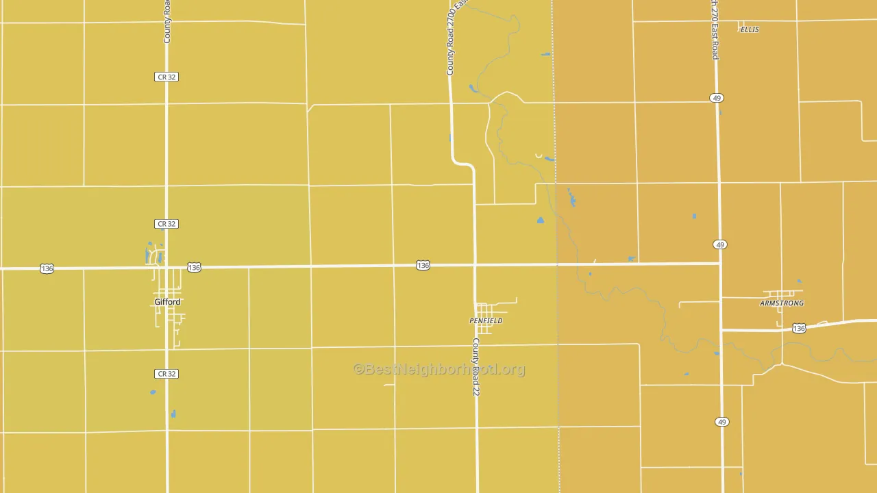 Map of the best neighborhoods in the Penfield area, with better matches in green and worse matches in red
