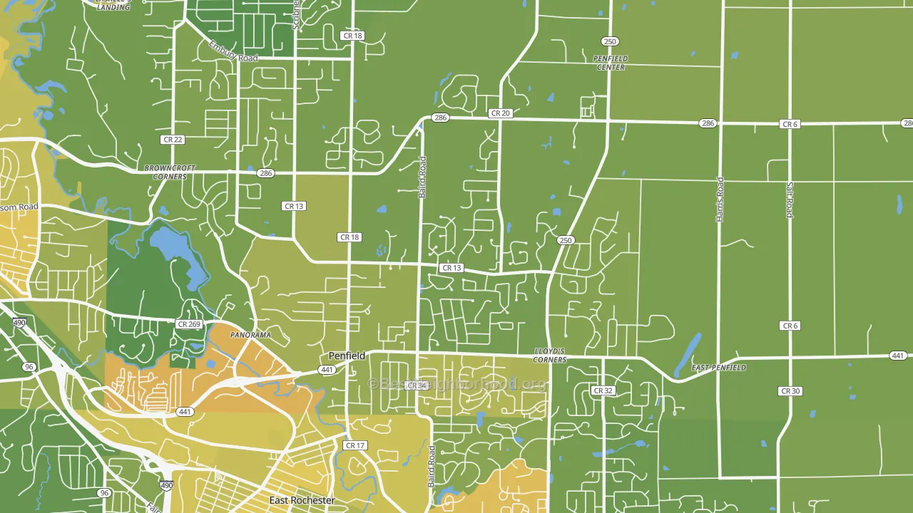 Map of the best neighborhoods in the Penfield area, with better matches in green and worse matches in red