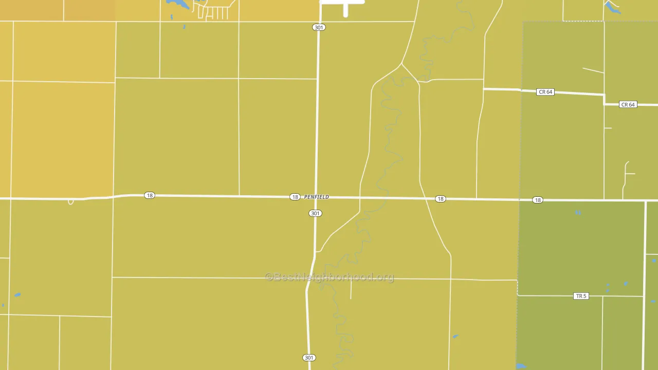 Map of the best neighborhoods in the Penfield area, with better matches in green and worse matches in red