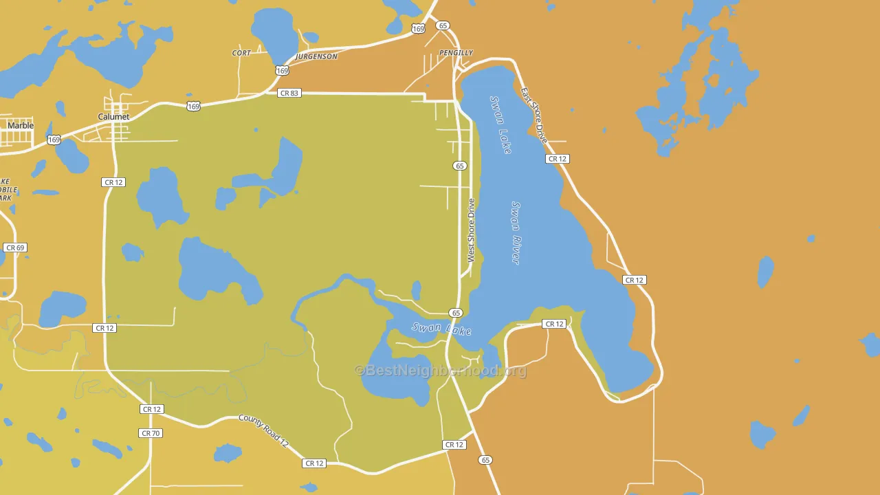 Map of the best neighborhoods in the Pengilly area, with better matches in green and worse matches in red