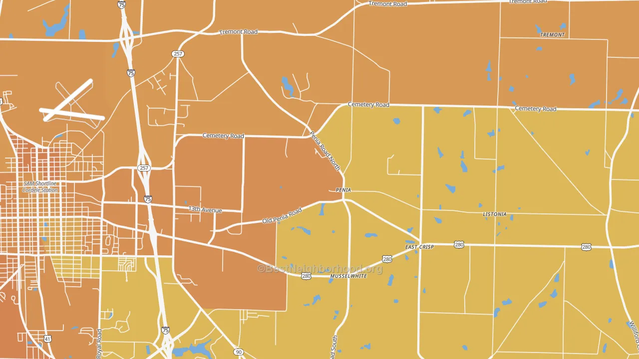 Map of the best neighborhoods in the Penia area, with better matches in green and worse matches in red