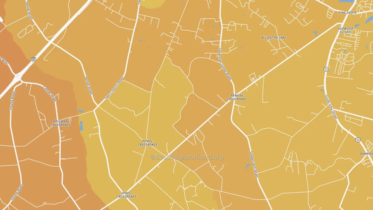 Map of the best neighborhoods in the Peniel Crossroads area, with better matches in green and worse matches in red
