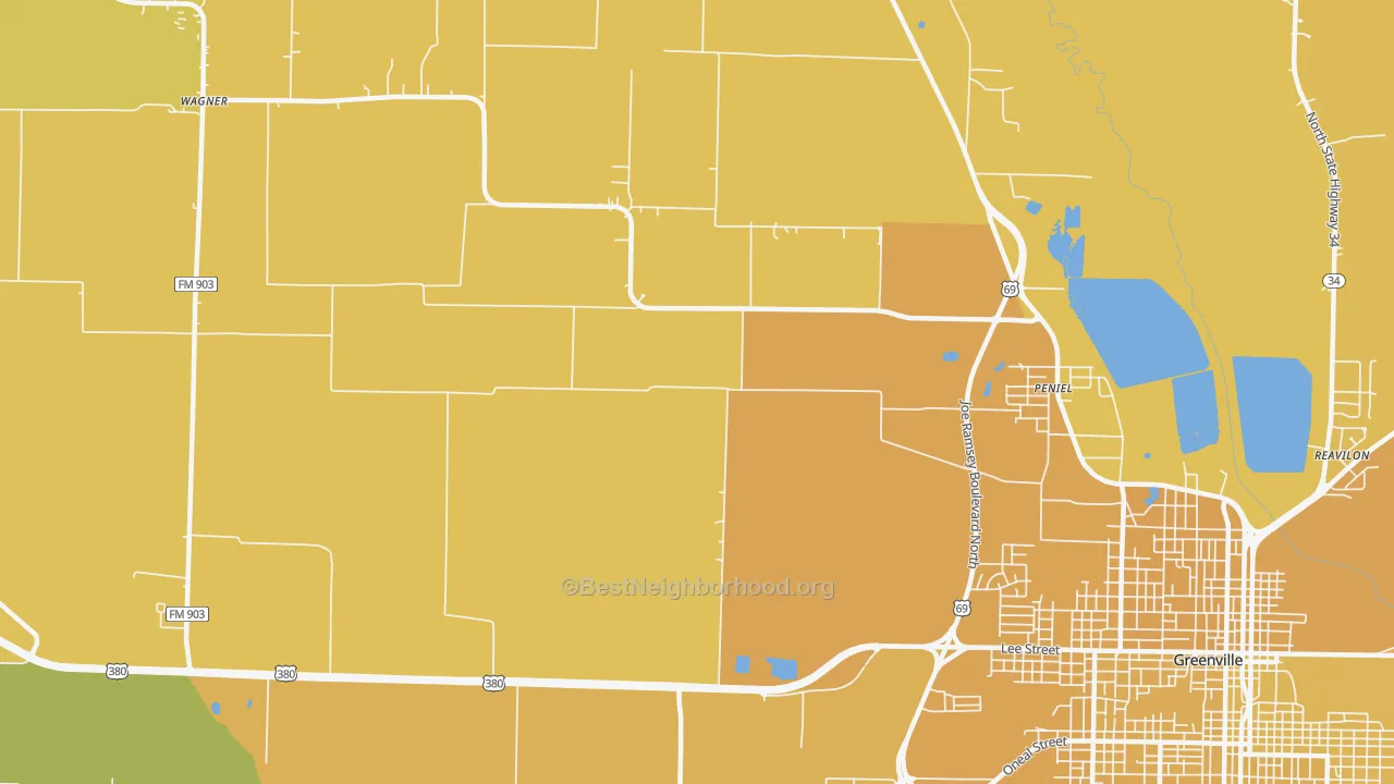 Map of the best neighborhoods in the Peniel area, with better matches in green and worse matches in red