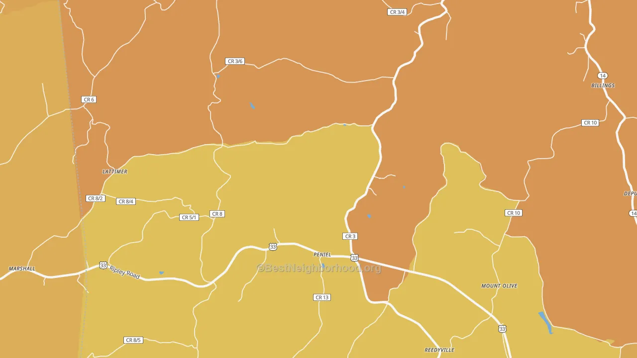 Map of the best neighborhoods in the Peniel area, with better matches in green and worse matches in red